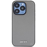 DKNY PU Leather Silver Metal Logo Magsafe Back Cover for iPhone 15 Pro Grey - Phone Cover