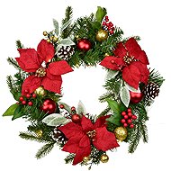 BerryHome Wreath with ponsettias with red and gold balls, 15× LED, H 40 cm - Wreath