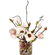 EverGreen Magnolia Arrangement. 33cm Glass Vase, Cream Colour - Artificial Flower