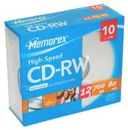 CD-RW přepisovací médium MEMOREX 80min, 700MB, 12x speed, balení 10ks v SLIM krabičce - -