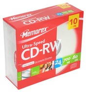 CD-RW přepisovací médium MEMOREX 80min, 700MB, 24x speed, balení 10ks v SLIM krabičce - -