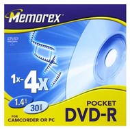 DVD-R 8cm médium MEMOREX 1.4GB 4x speed, balení 5 kusů ve SLIM krabičkách - -
