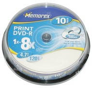 DVD-R médium MEMOREX Printable 4.7GB 8x speed, balení 10 kusů cakebox - -