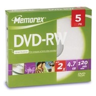 DVD-RW médium MEMOREX 4.7GB 2x speed, balení 5ks v SLIM krabičce - -