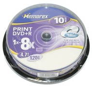 DVD+R médium MEMOREX Printable 4.7GB 8x speed, balení 10 kusů cakebox - -