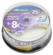 DVD+R médium MEMOREX Printable 4.7GB 8x speed, balení 25 kusů cakebox - -