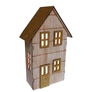 GOBA Vánoční dekorace - dřevěný domek, svítící LED, zlatý, 23 cm - Christmas Decoration