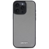 DKNY PU Leather Silver Metal Logo Magsafe Back Cover for iPhone 16 Pro Grey - Phone Cover