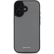 DKNY PU Leather Silver Metal Logo Magsafe Back Cover for iPhone 16 Grey - Phone Cover