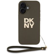 DKNY PU Leather Stack Logo Wrist Strap Back Cover for iPhone 16 Green - Phone Cover