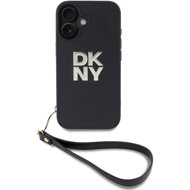 DKNY PU Leather Stack Logo Wrist Strap Back Cover for iPhone 16 Black - Phone Cover