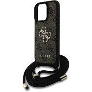 Guess PU 4G Metal Logo Crossbody Strap Back Cover for iPhone 16 Pro Brown - Phone Cover