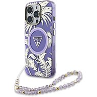 Guess IML Palm Trees Triangle Logo Pearl Strap MagSafe Back Cover for iPhone 16 Pro Purple - Phone Cover