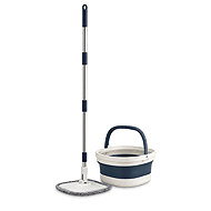 Verk 27775 360° rotating flat mop, folding bucket, 2× microfibre cover, white and blue - Mop