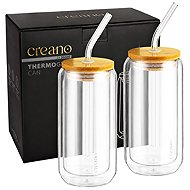 Creano Set 2 ks designových termo sklenic s bambusovým víčkem a brčkem, 360 ml - Thermo-Glass