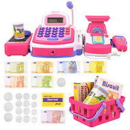 ISO 28063 electronic till with basket and accessories, pink - Toy Cash Register