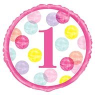 Balón fóliový 1. narodeniny ružový s bodkami – 45 cm - Balóny