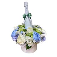 Flower Box with Larger Blue Ranunculus with Lindt Candies and Sparkling Wine 47cm - Gift Box