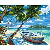 Norimpex Beach with palm trees and boat 30 × 40 cm - Diamond Painting