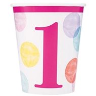 Paper cups 1st birthday pink with polka dots - girl - 270 ml - 8 pcs - happy birthday - Drinking Cup