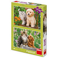 Dino Dog and cat in the garden 2 × 48 pieces - Jigsaw Puzzle