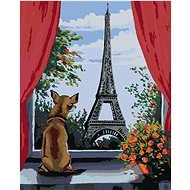 Malen nach Zahlen - Hund im Fenster mit Blick auf den Eiffelturm - Malen nach Zahlen