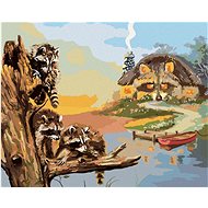 Zuty - Painting by Numbers - Raccoon on a Log, Pier with Boat and Cottage (D. Rusty Rust), 80X100 Cm - Painting by Numbers