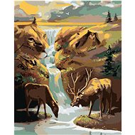 Zuty - Painting by Numbers - Deer, Waterfall and Sunset (D. Rusty Rust), 40X50 Cm, Canvas+Frame - Painting by Numbers