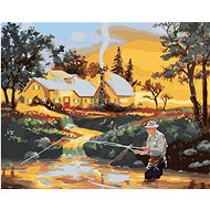Zuty - Painting by Numbers - Fishing Man In River, House And Sunset (D. Rusty Rust), 40X50 Cm, Canva - Painting by Numbers