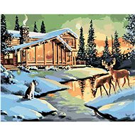 Zuty - Painting by Numbers - Deer, Deer And Dog At The Log Cabin (D. Rusty Rust), 40X50 Cm, Canvas+F - Painting by Numbers