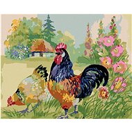 Zuty - Painting by Numbers - Cock and Hen Surrounded by Flowers, 40X50 Cm, Canvas+Frame - Painting by Numbers