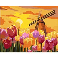 Zuty - Painting by Numbers - Beautiful Tulips With Windmill, 80X100 Cm, Canvas+Frame - Painting by Numbers