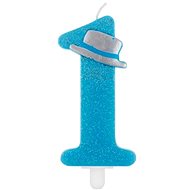 Candle 1. Birthday Boy - Blue Glitter with Hat - 9cm - Candle