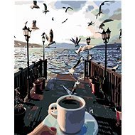 Painting by Numbers - Coffee Cup and Gulls Over the Sea, 80x100 cm, stretched canvas on frame - Painting by Numbers