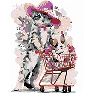 Painting by Numbers - Cat and Puppy in a Shopping Cart, 40x50 cm, stretched canvas on frame - Painting by Numbers