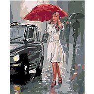 Maľovanie podľa čísel – Žena pri aute v daždi, 40 × 50 cm, napnuté plátno na rám - Maľovanie podľa čísel