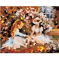 Painting by Numbers - Girls in a Garden and a Puppy, 100x80 cm, stretched canvas on frame - Painting by Numbers