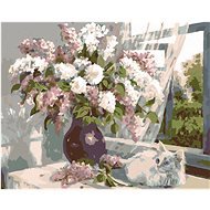 Painting by Numbers - White Kitten and Lilac in a Vase, 50x40 cm, without frame and without turning  - Painting by Numbers