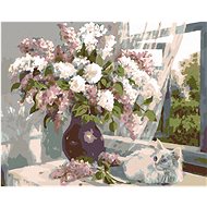 Painting by Numbers - White Kitten and Lilac in a Vase, 50x40 cm, stretched canvas on frame - Painting by Numbers