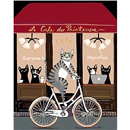 Painting by numbers - Cat on a bike in front of a café, 40x50 cm, stretched canvas on frame - Painting by Numbers