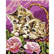 Painting by numbers - Kittens in a basket and pink roses, 40x50 cm, stretched canvas on frame - Painting by Numbers
