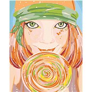 Painting by numbers - Green-eyed woman and lollipop, 80x100 cm, stretched canvas on frame - Painting by Numbers