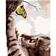 Painting by Numbers - Cat and Yellow Butterfly, 40x50 cm, stretched canvas on frame - Painting by Numbers
