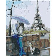 Painting by Numbers - Lovers with a Dog at the Eiffel Tower, 40x50 cm, stretched canvas on frame - Painting by Numbers