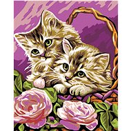 Diamondi - CATS IN A BASKET AND PINK ROSES, 40x50 cm, stretched canvas on frame - Diamond Painting