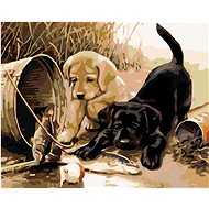Diamondi - PUPPIES WITH FISH, 40x50 cm, stretched canvas on frame - Diamond Painting