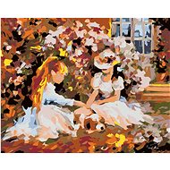 Diamondi - GIRLS IN THE GARDEN AND THE PUPPY, 40x50 cm, stretched canvas on frame - Diamond Painting