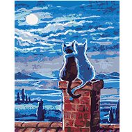 Diamondi - CATS ON THE ROOF AND THE MOON, 40x50 cm, stretched canvas on frame - Diamond Painting