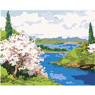 Diamondi - FLOWERING TREES ON THE BANK OF A CLICKING RIVER, 40x50 cm, off canvas on frame - Diamond Painting