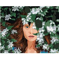 Diamondi - RED WOMAN AND WHITE FLOWERS, 40x50 cm, stretched canvas on frame - Diamond Painting